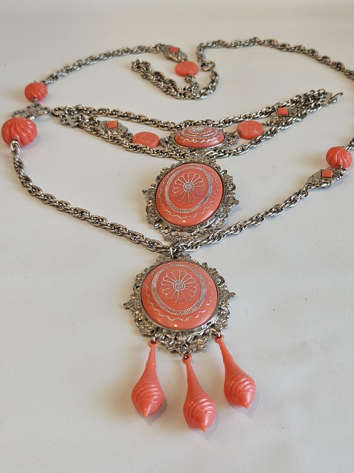 Mid-century celluloid/molded plastic “faux coral” VICTORIAN RIVIVAL PARURE set
