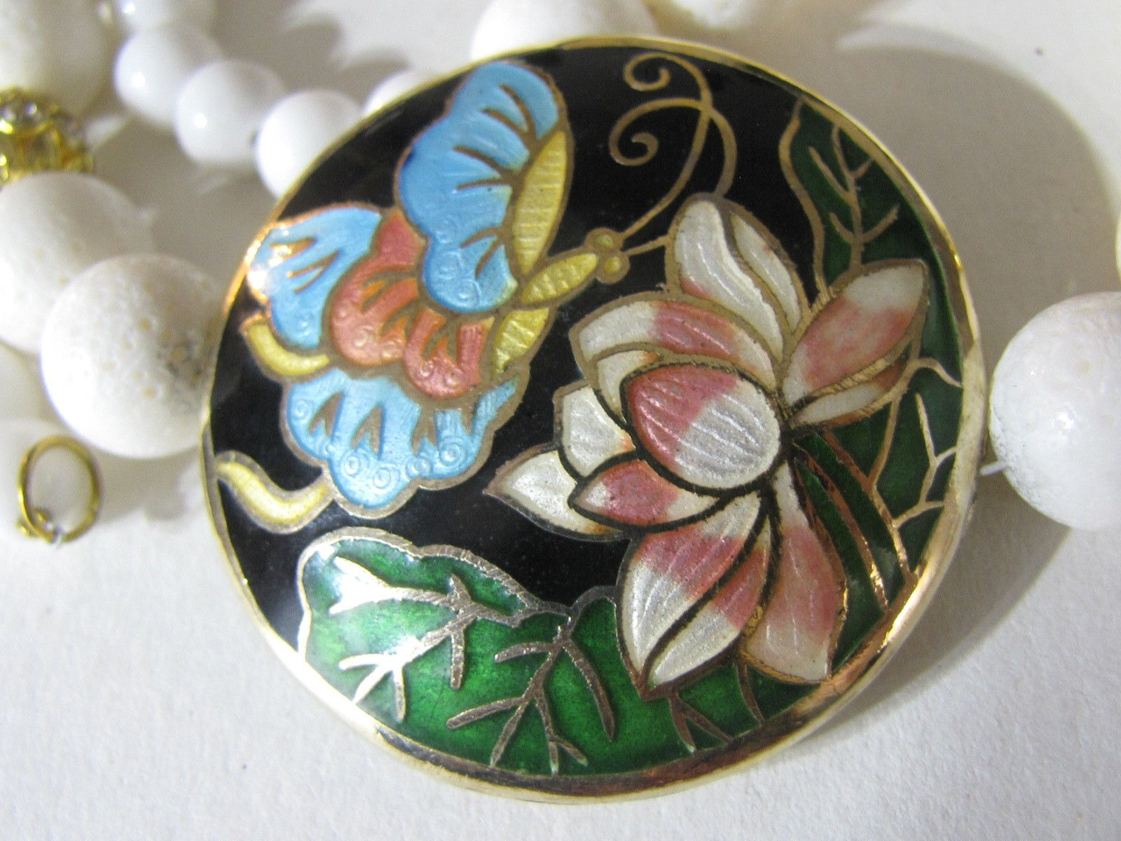 Vintage Cloisonné Butterfly Lotus Pendant Necklace White Sponge Coral Glass Bead