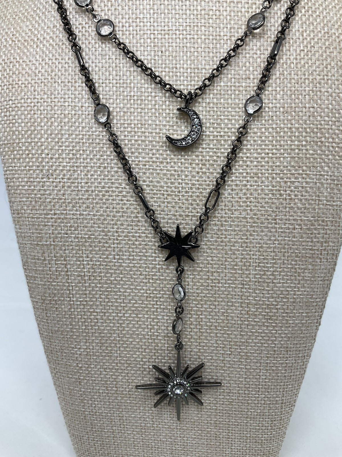 White House Black Market Celestial Moon Star Gunmetal Multi-Strand Necklace