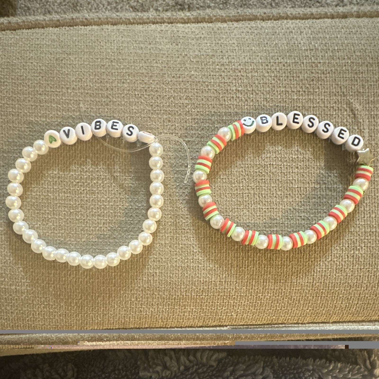 Set of 2 White Beaded Bracelets Plastic Alphabet Letter Beads VIBES BLESSED