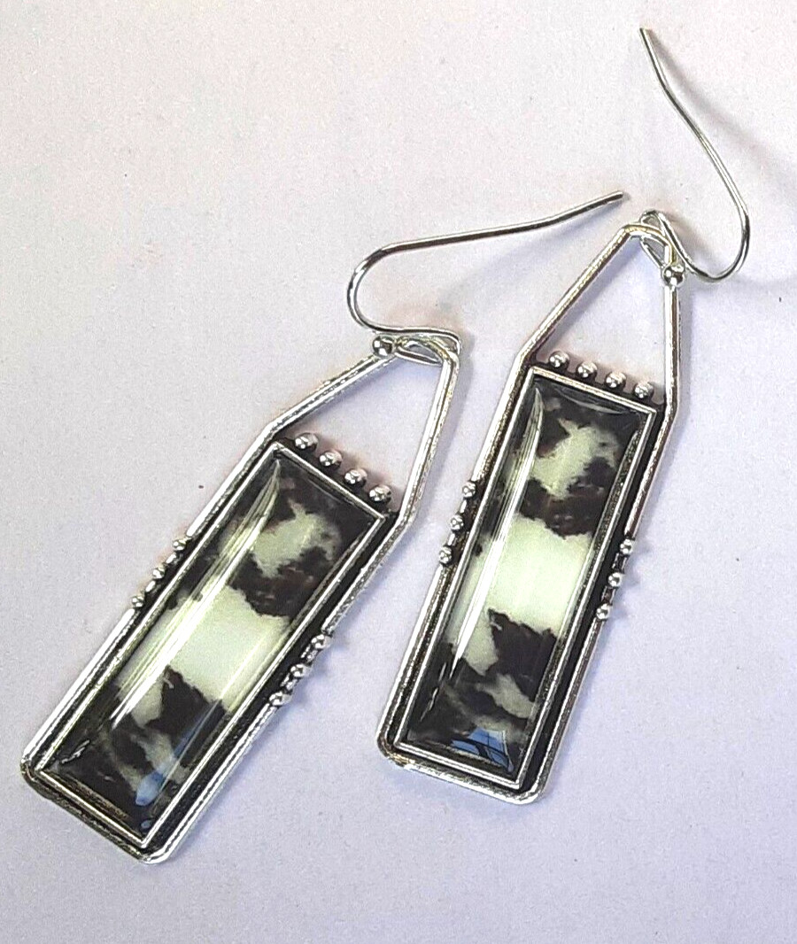 Black White Faux JASPER earring Silver Tone French Hook handcrafted XGET