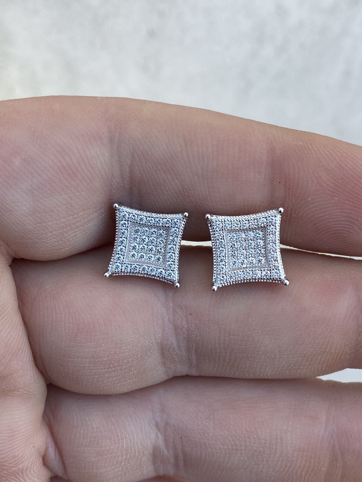 Mens Real 925 Solid Sterling Silver Kite CZ Hip Hop Iced Square Earrings 11mm