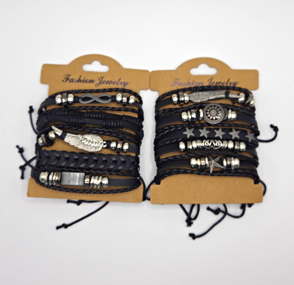 Black Bohemian Wrap Braided Cord Bracelets Set of 2, Adjustable Tie Closure