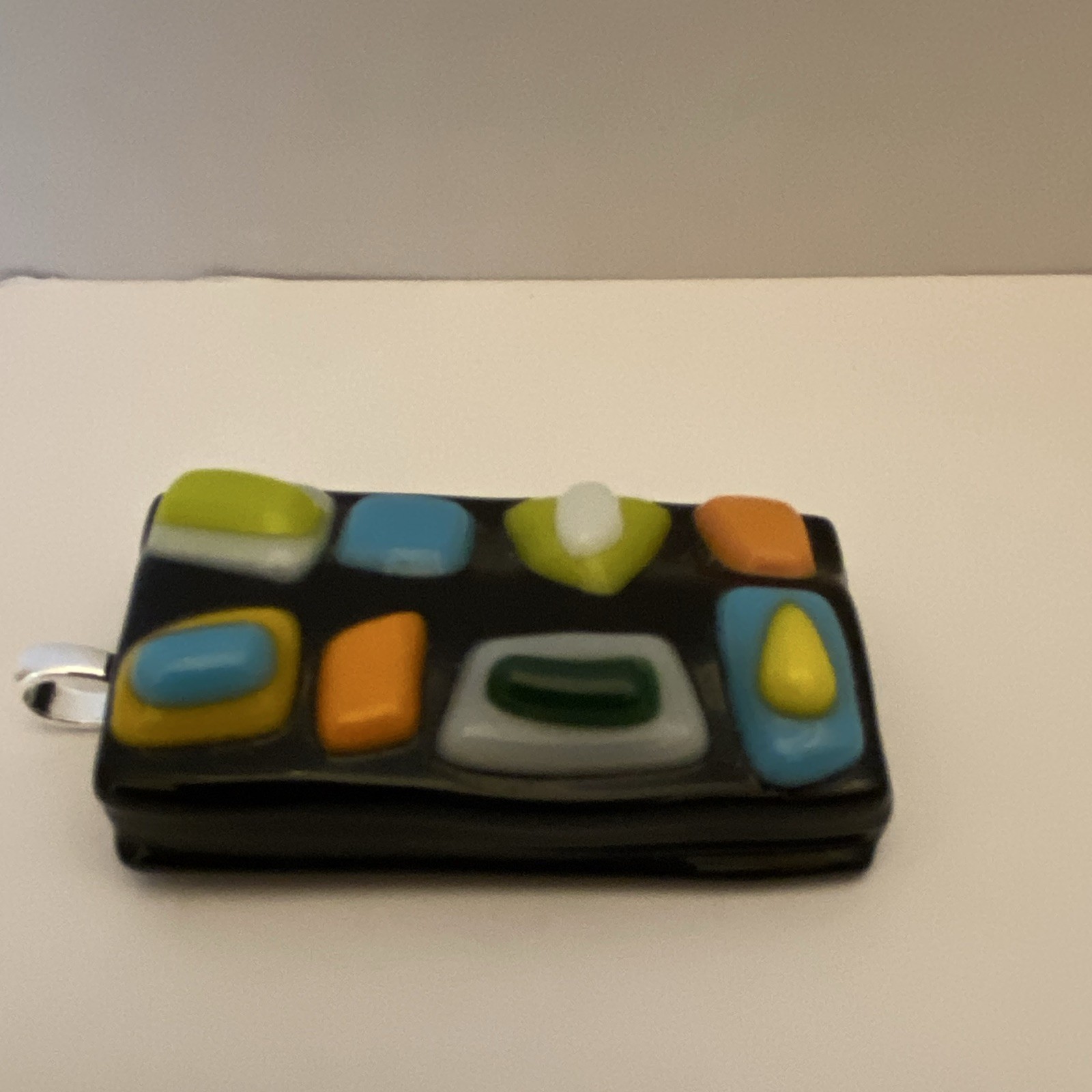 Fused Glass Silver Tone Bail Rectangle Glass Charm Pendant Multicolor Handmade
