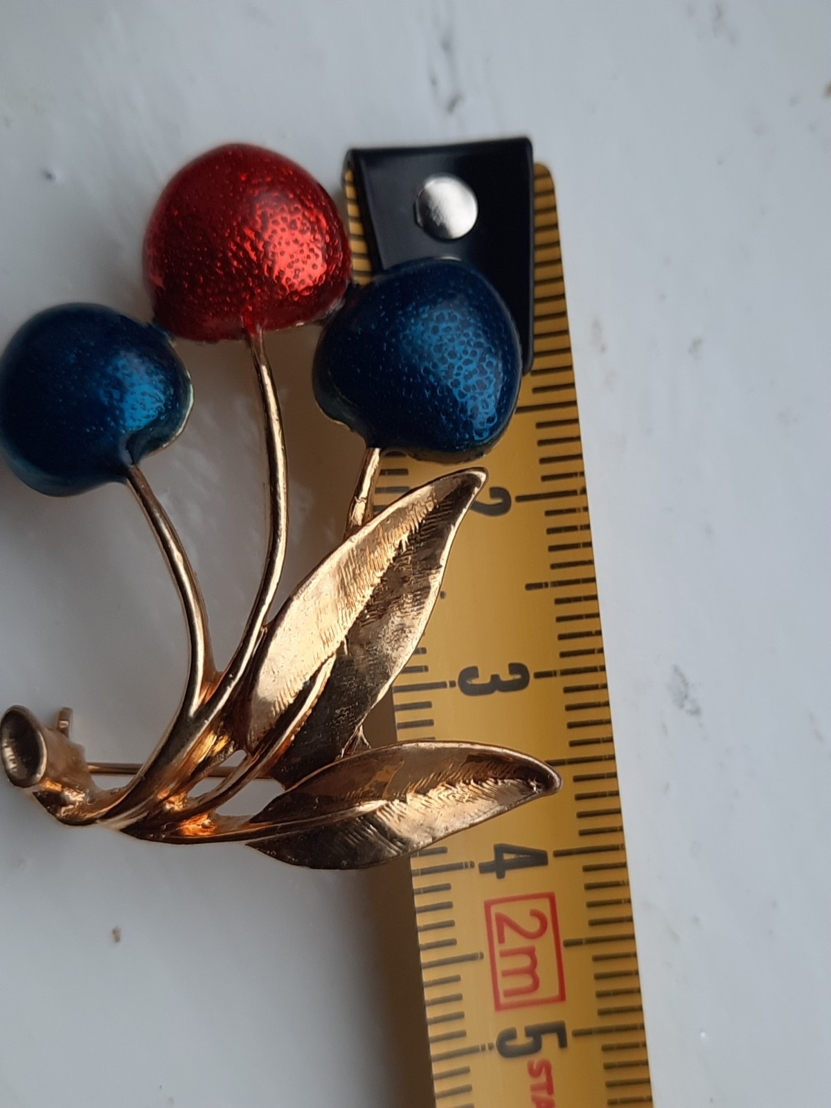 Vintage Brooch Fruit Cherries Pin Red Blue Enamel Gold Tone 1980s American Diner