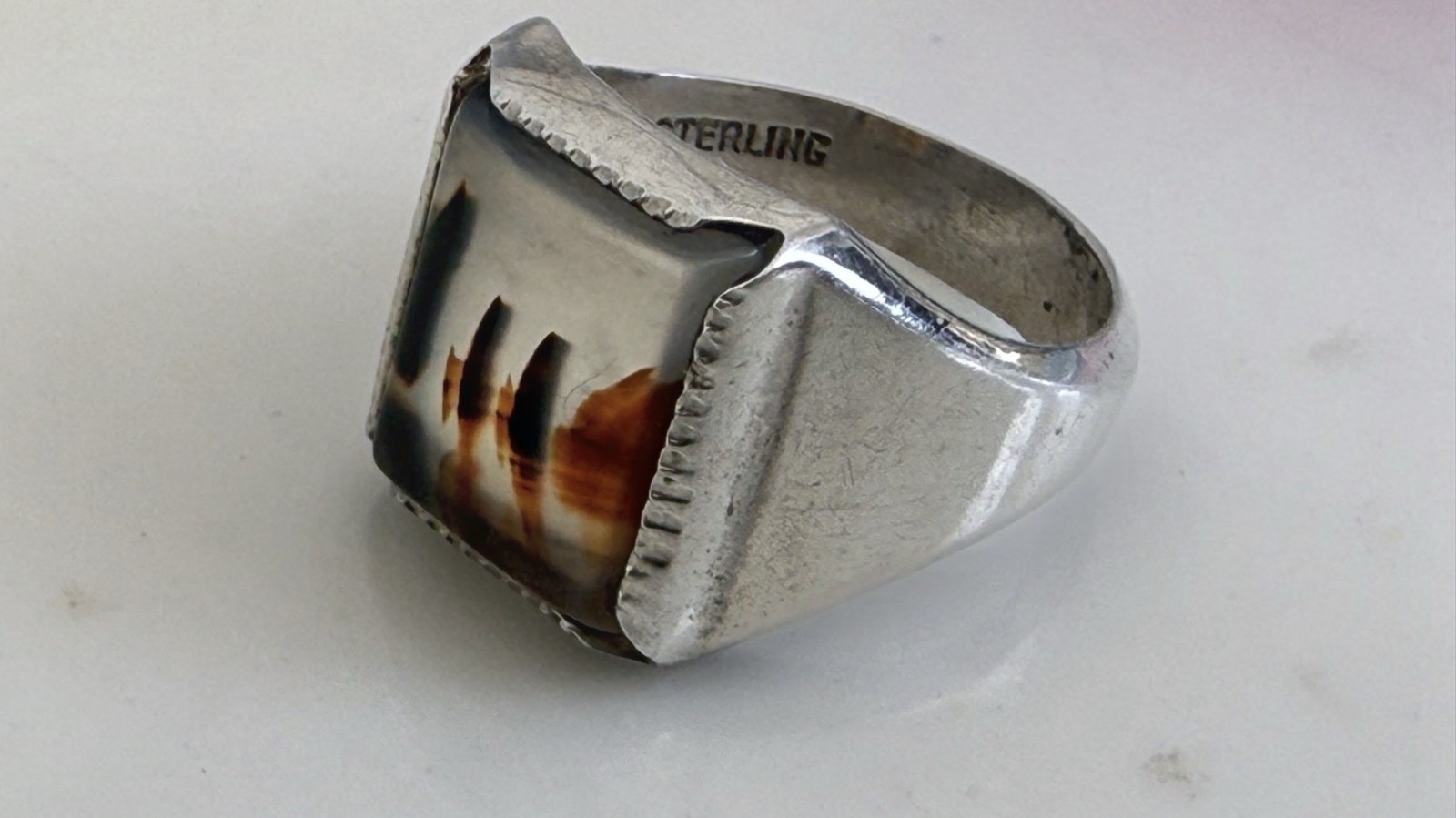 Vintage 50s Wheeler Mfg Sterling Dendritic Picture Agate Ring Size 6 3/4