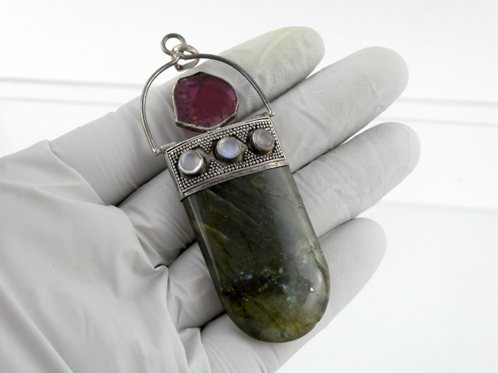 Sterling Silver Pink Tourmaline Slice Labradorite Moonstone Pendant 925 24.2g