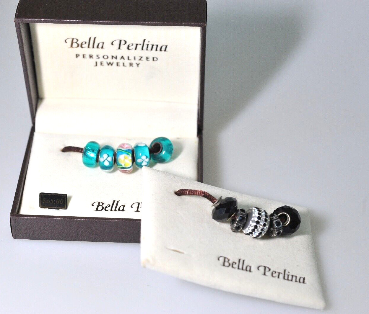 Bella Perlina Charm bracelet LOT blue turquoise black glass crystal PQ