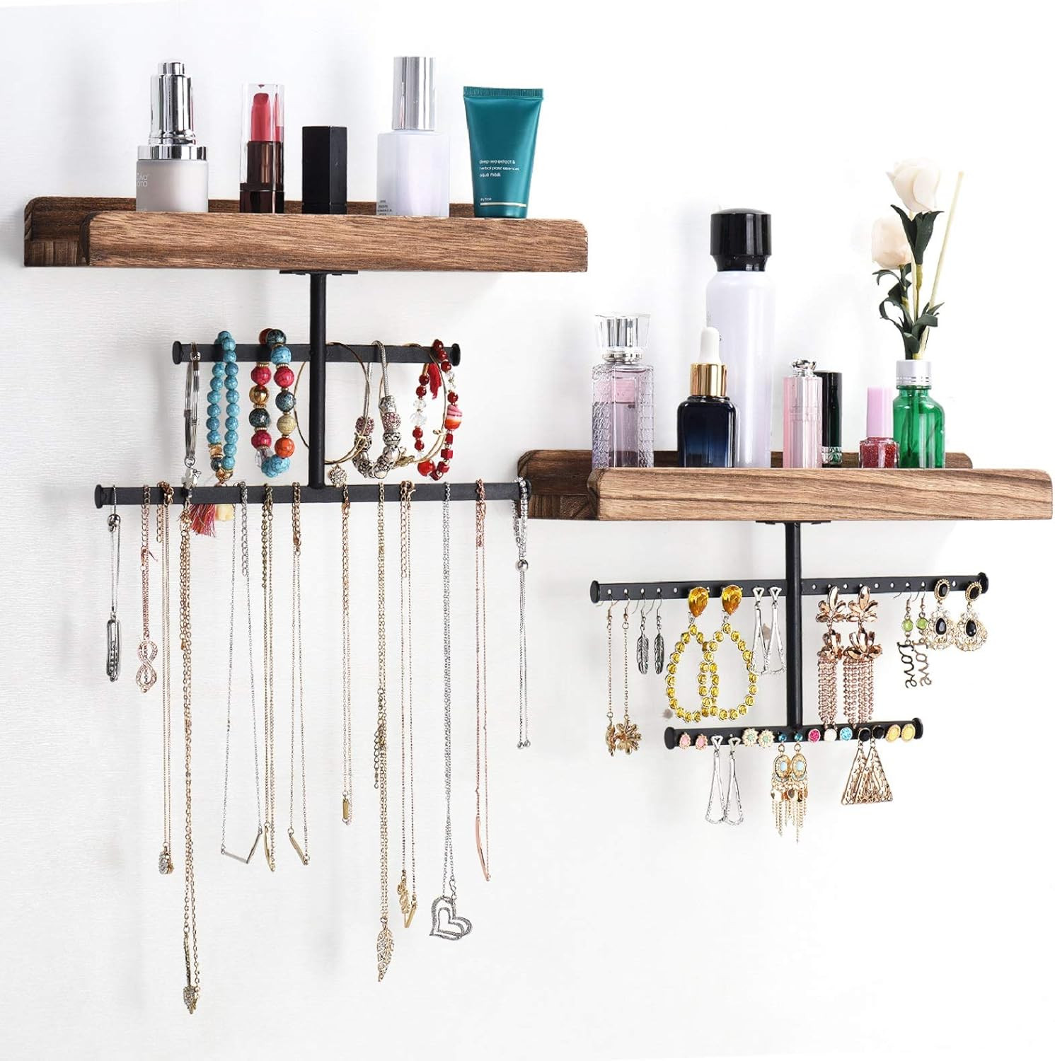 Hanging Wall Mounted Jewelry Organizer with Rustic Wood Jewelry Holder