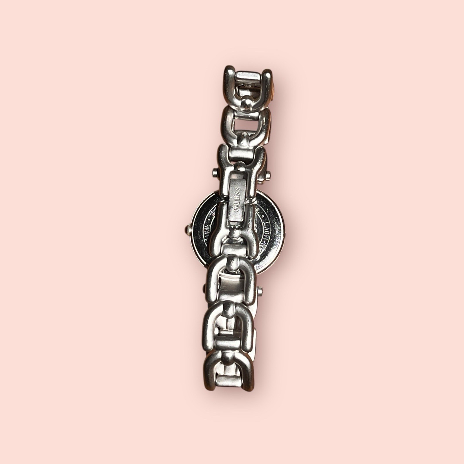 Vtg Guess Women Working Watch Pink Brushed Silver Chain Fold Over Clasp 6.75″