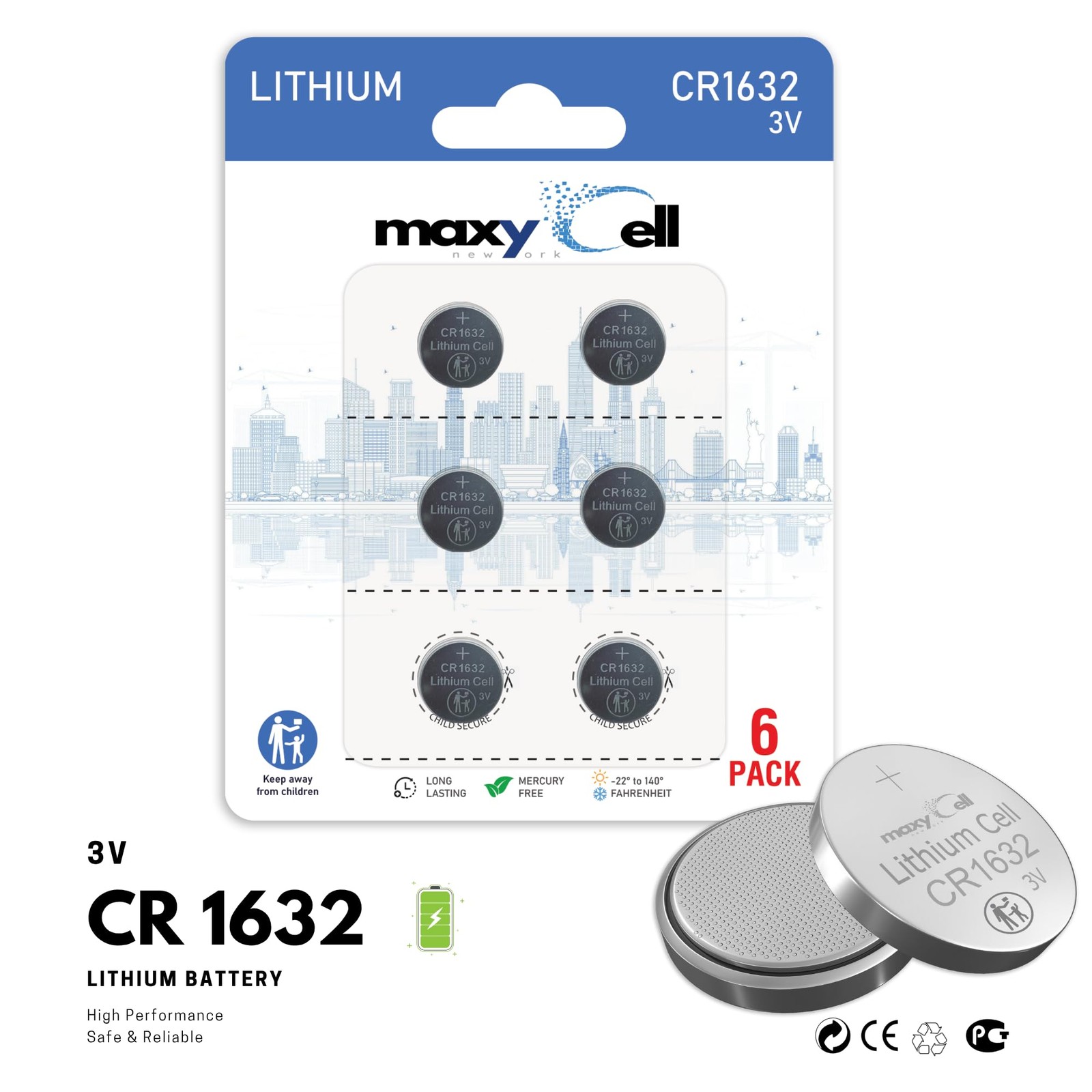 MaxyCell CR1632 Lithium Coin Cell Battery 3V High-Capacity 6 Pack