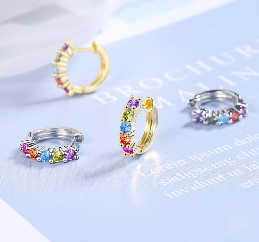 Women 925 Silver Tone Gold Rainbow CZ Huggie Hoop Snap Earrings 15mm Gift AF