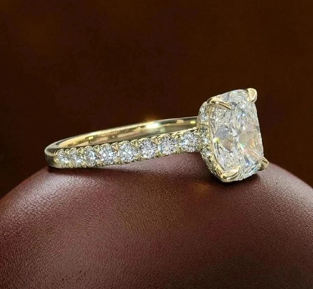 3ct Cushion Cut Certified Moissanites Hidden Halo Wedding Ring 14K Gold Finish