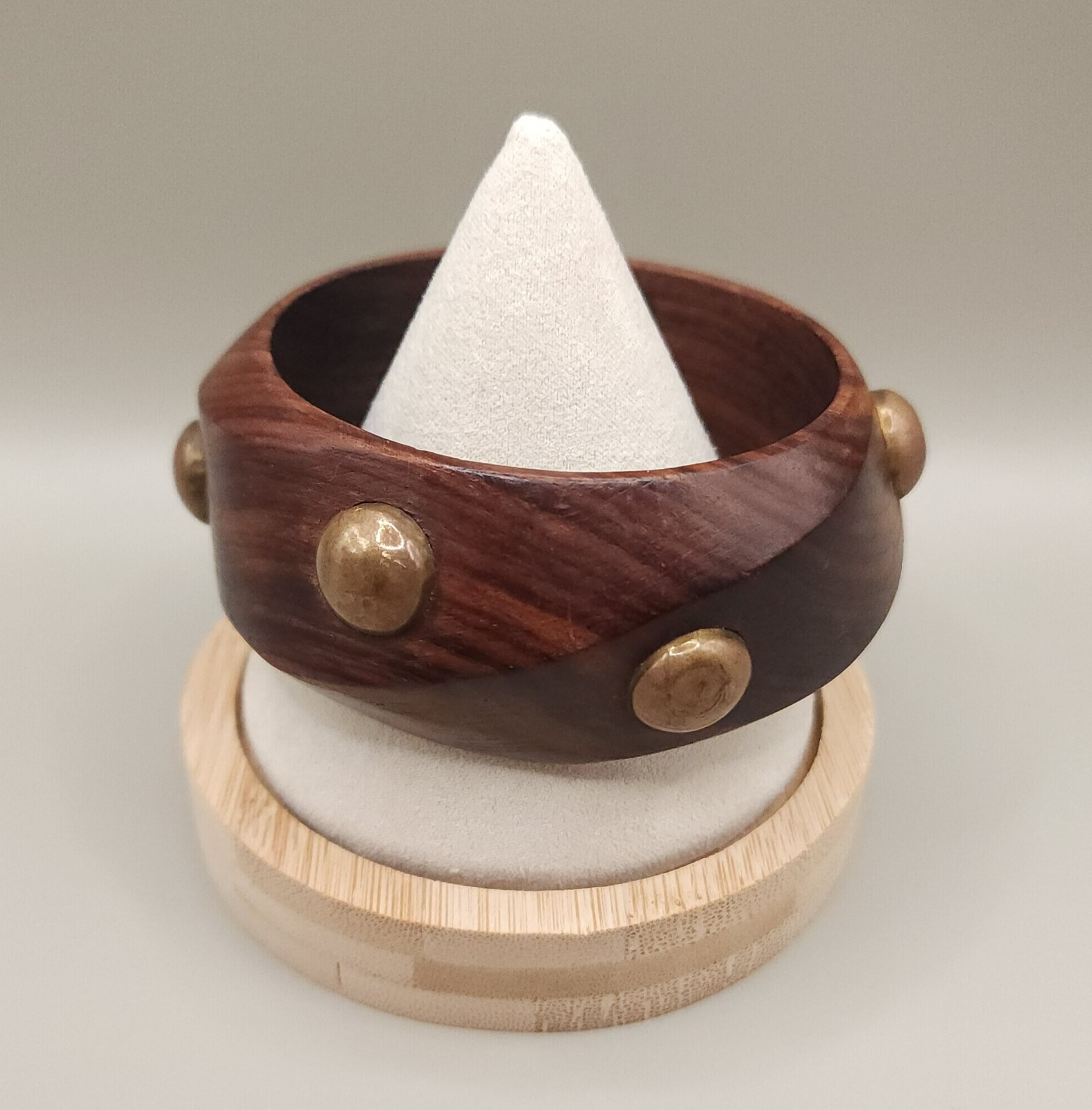 70s 80s Retro Wooden Cuff Bracelet Wide Multi Sided Studded Brass Bangle 2.1oz