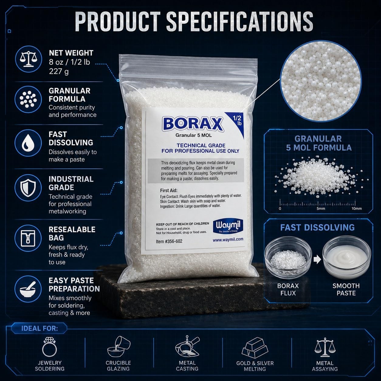 Waymil Borax Flux Granular1/2 Pound for Gold Silver Melting Casting Crucible …