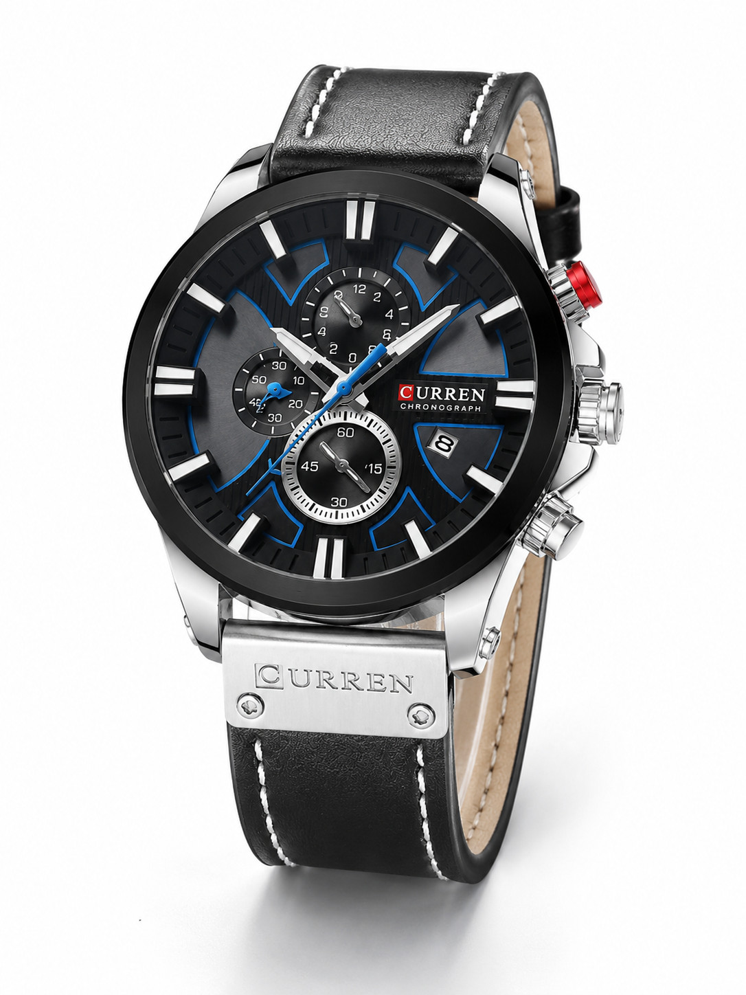 CURREN Men’s Quartz Chronograph Watch Black Leather Strap Luminous Waterproof