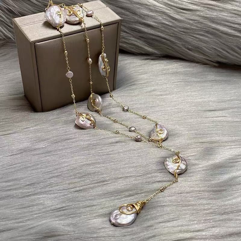 Cultured Baroque Irregular Pearl Blue Murano 14K Gold Chain Long Necklace