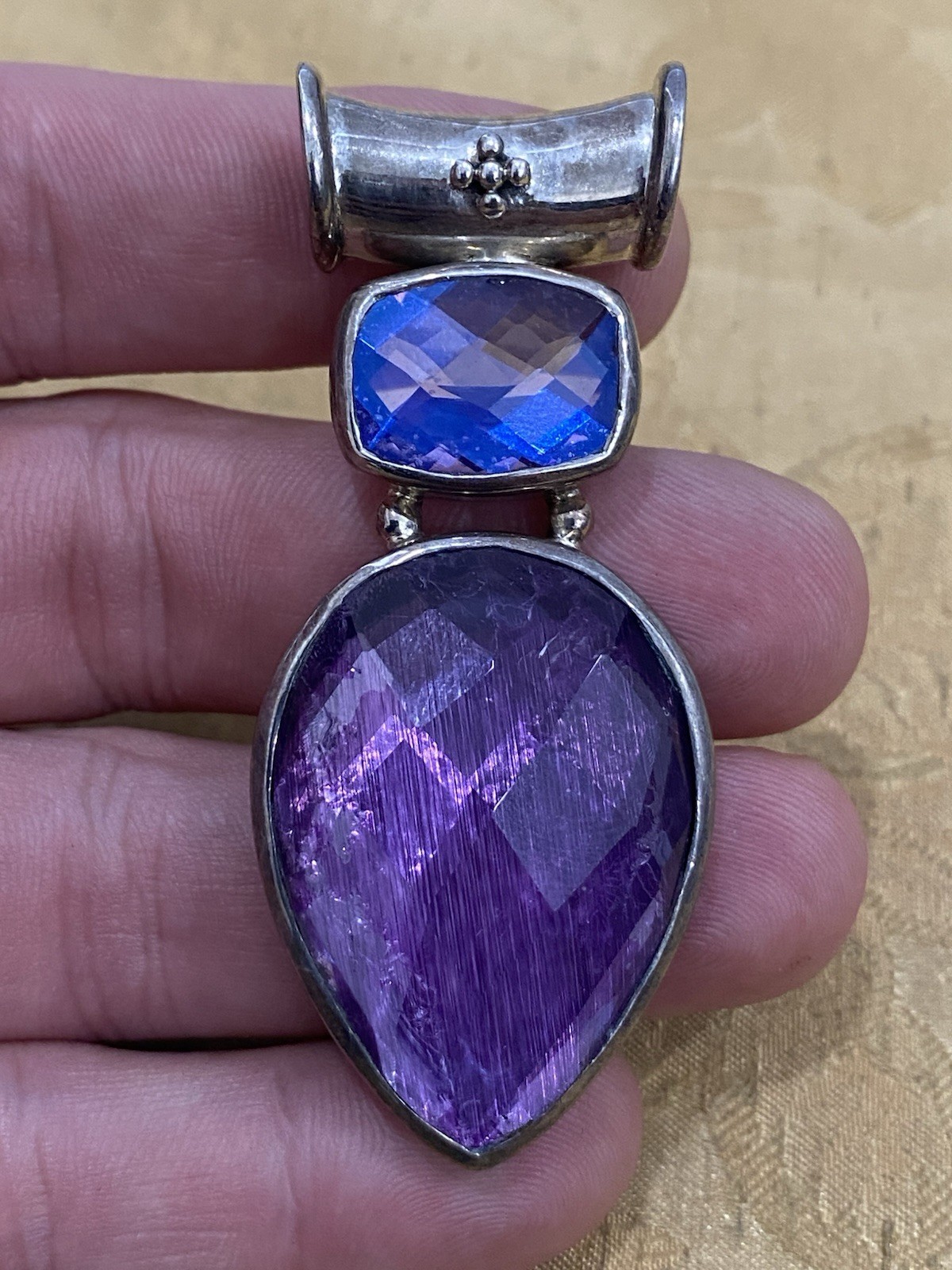 SAJEN STERLING SILVER Signed Multi Colored Rainbow Faceted Stone Pendant
