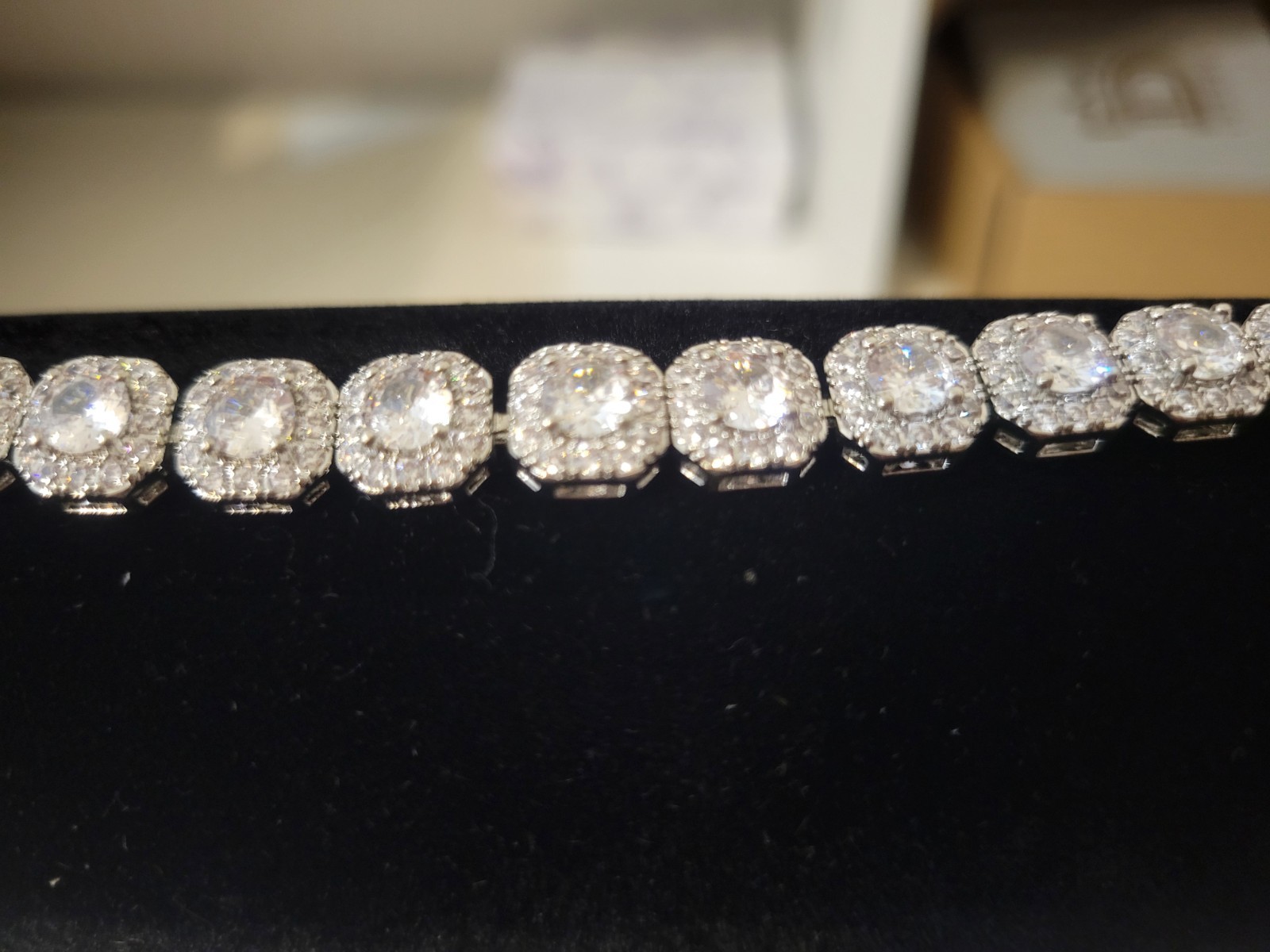 Silver Tone Cushion Cut Halo Simulated CZ Tennis Bracelet Box Clasp Closure