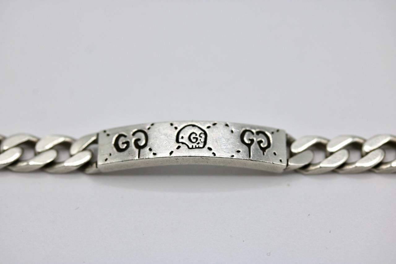 Authentic 925 Sterling Silver Men’s Gucci Ghost Bar ID Curb Link Bracelet