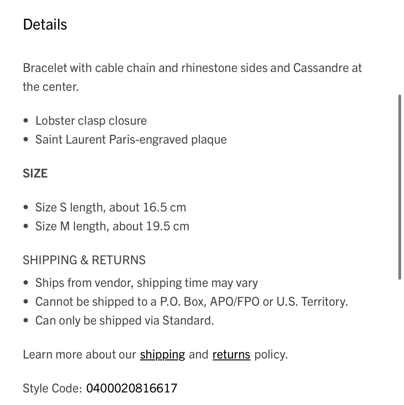 100% AUTHENTIC YSL Saint Laurent Cassandre Charm Bracelet SIZE M