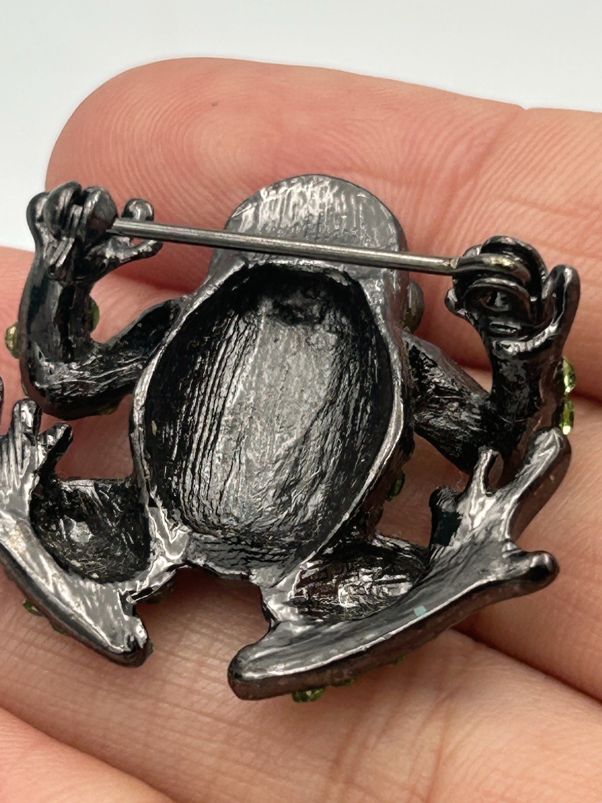 Whimsical Green Crystal Frog Brooch Pin Gun Metal Finish Diamante AB Rhinestone