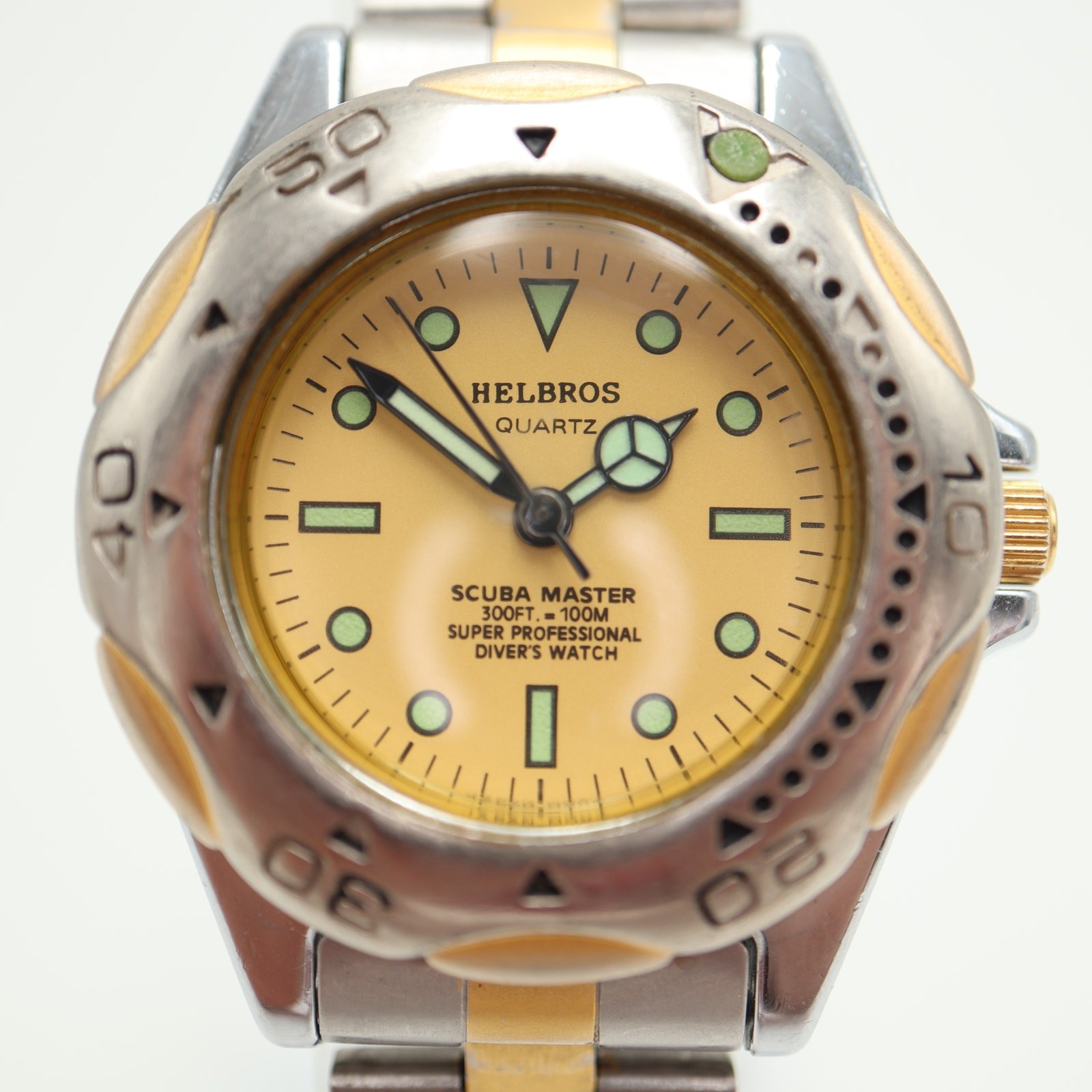 Vintage Helbros Scuba Master 30mm Diver Watch Two Tone 5.75″ Band w New Battery