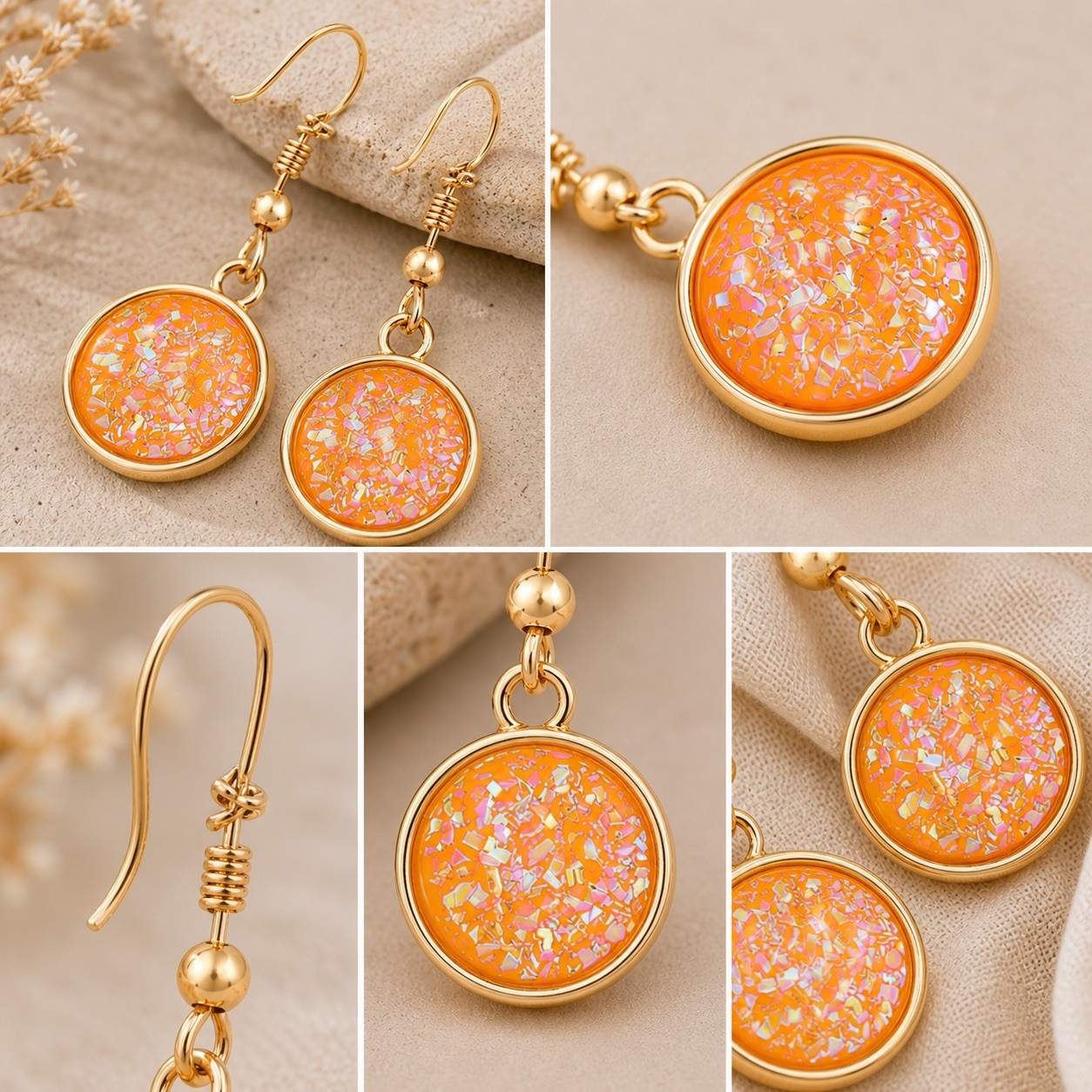Orange Druzy Resin Dangle Earrings, Gold Tone Minimalist Jewelry