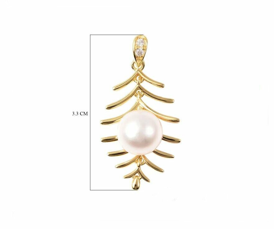 Wedding/Anytime White Edison Pearl Gold-Plated 925 Silver Fern Leaf Rib Pendant