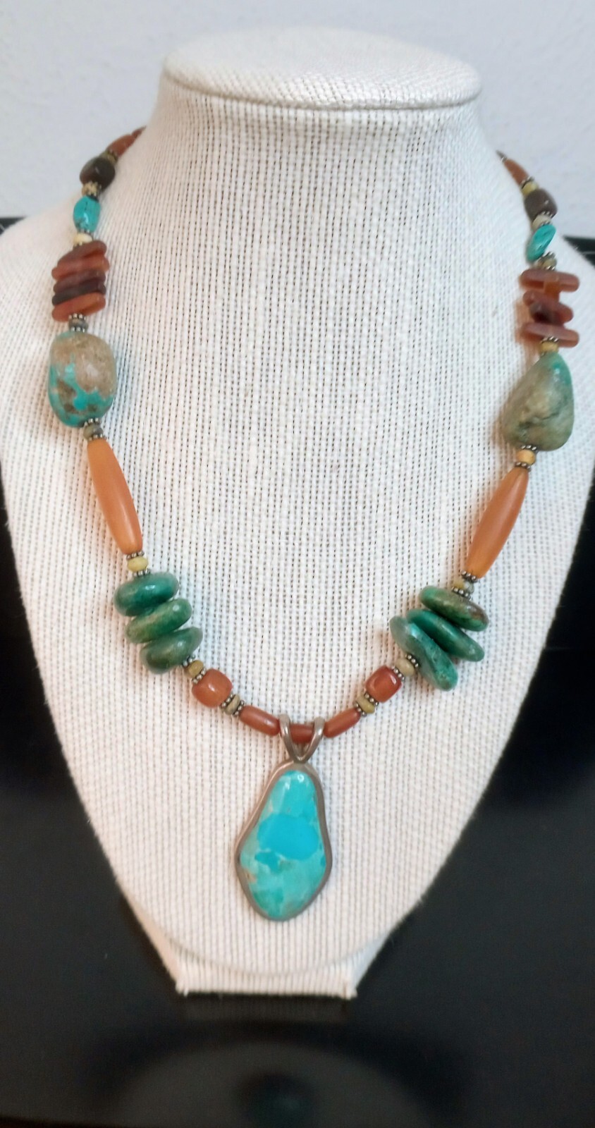 Signed BARSE .925 Sterling Silver Turquoise & Amber Necklace 52.55 Grams 18″ L