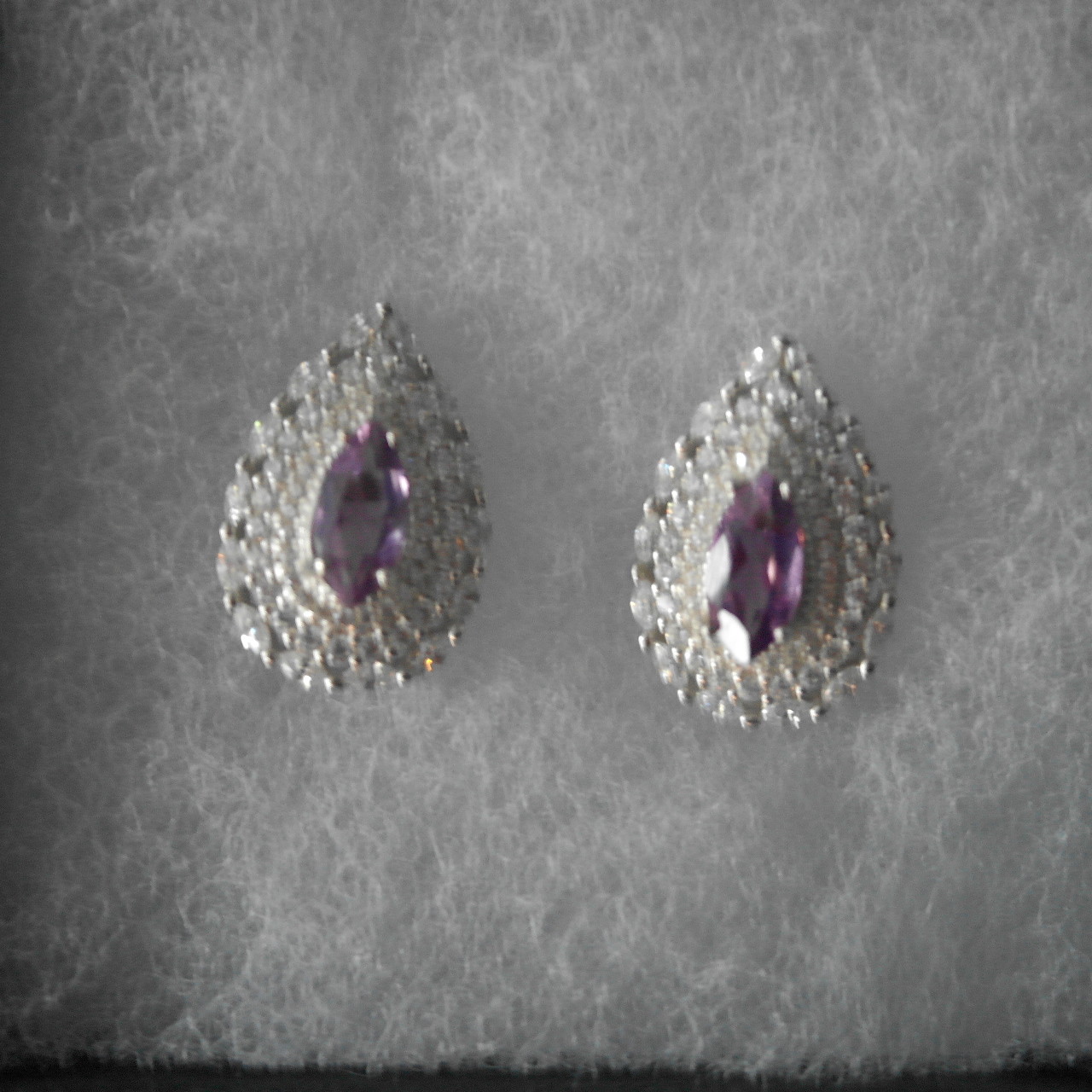 IMPRESSIVE! NATURAL! 4 X 10 mm. PURPLE AMETHYST & WHITE CZ..925 SILVER EARRINGS