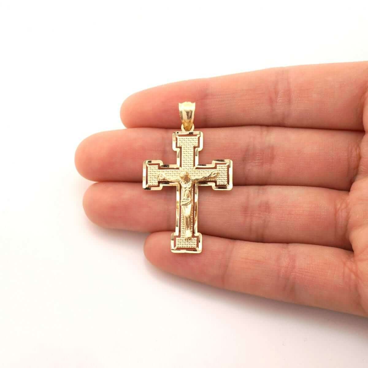 14K Yellow Gold Diamond-Cut Jesus Crucifix Religious Cross Pendant 1.6″