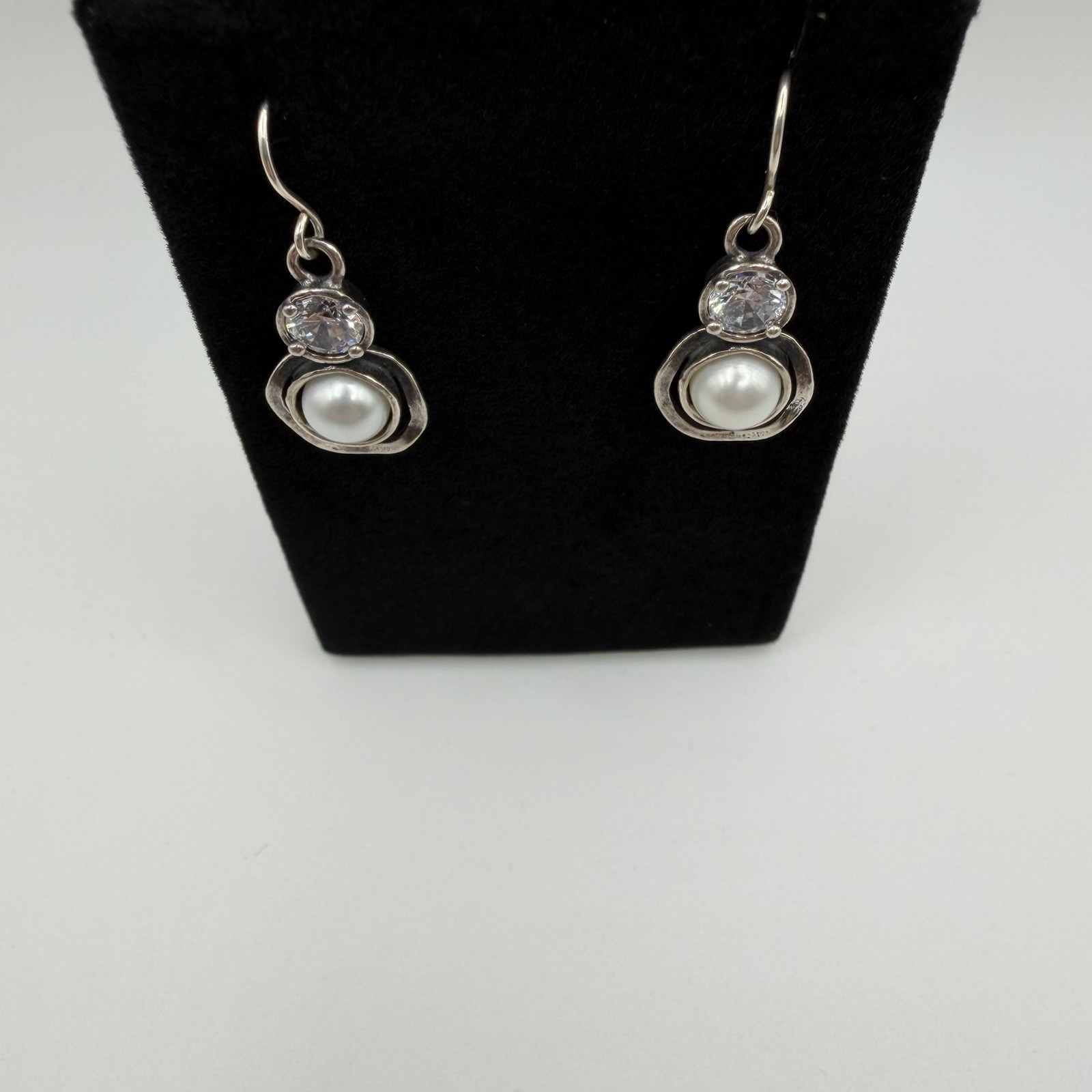 Didae Israel 925 Sterling Silver Pearl & CZ Crystal Circle Dangle Earrings