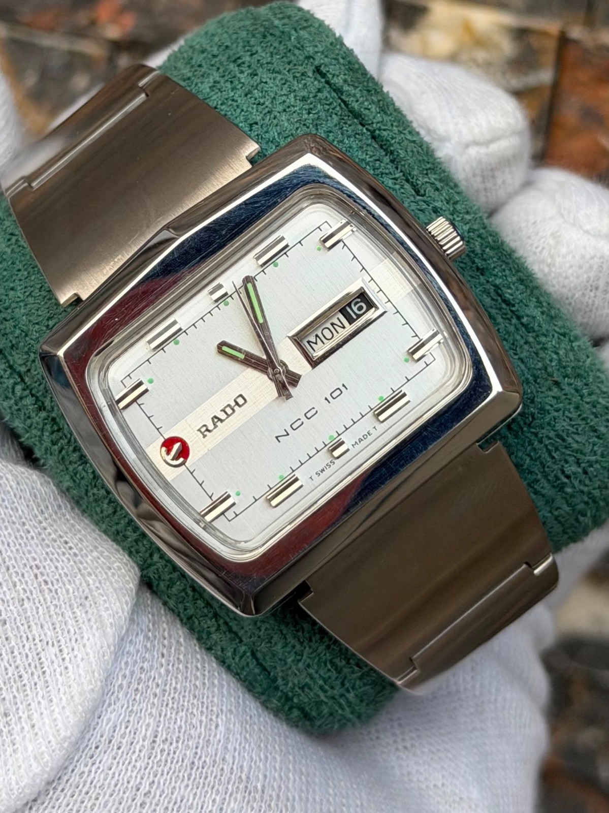 vintage Rado NCC 101 automatic watch featuring a silver TV-shaped case