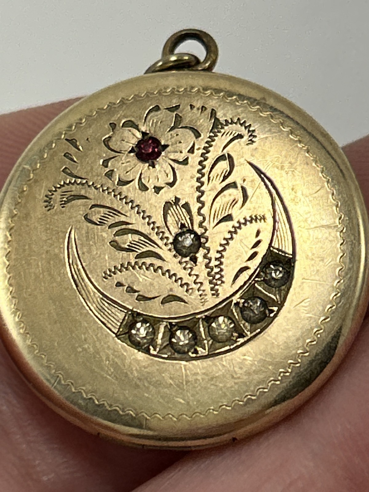 Antique Gold Filled Locket Pendant Victorian Crescent Moon Floral R&G Co La Mode