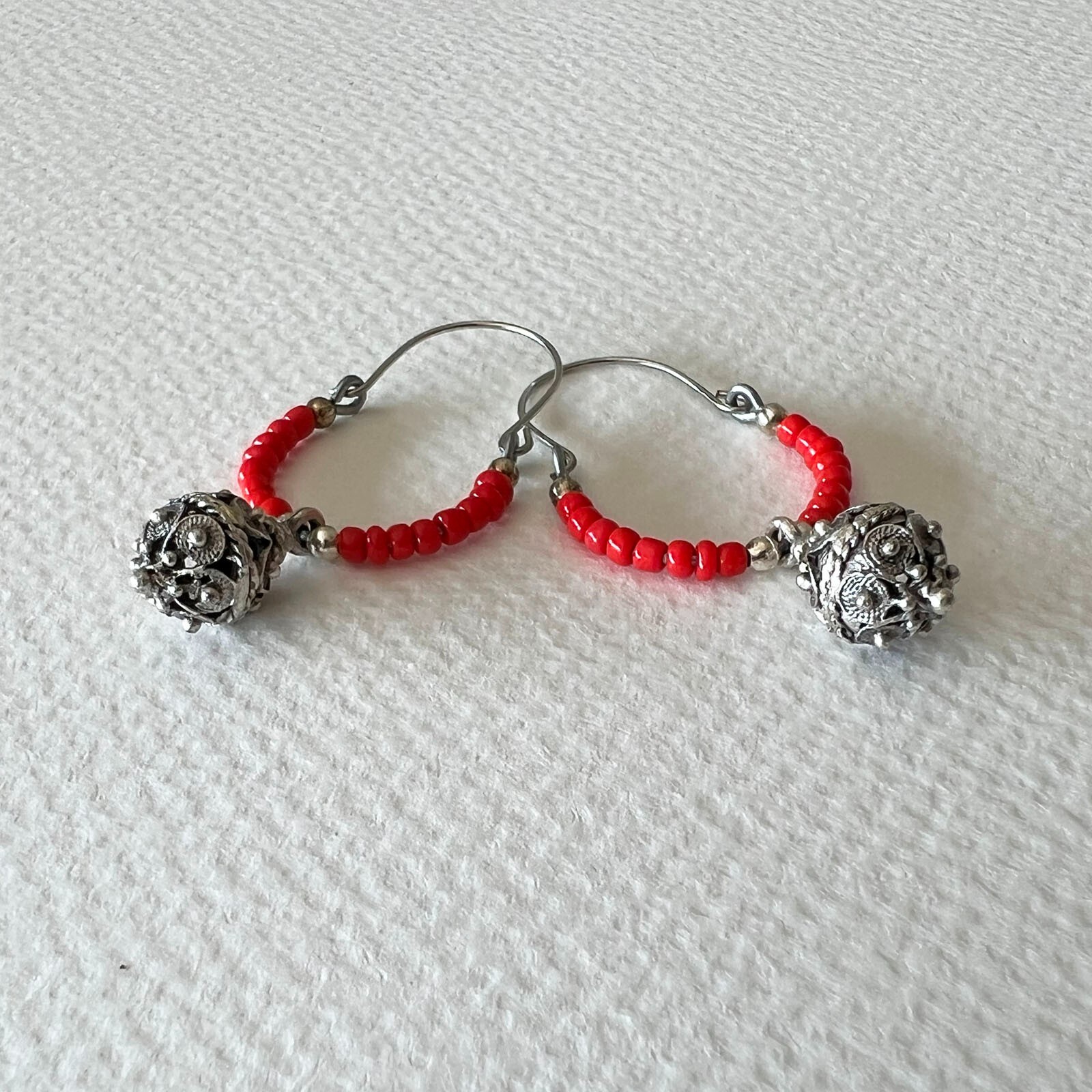 Traditional Croatian Handmade Earrings With Red Pearls & Sibenik Button Pendant