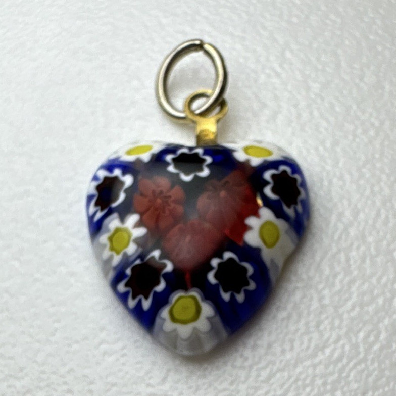 Heart Charm Pendant, Multicolor Glass, Floral Pattern, Love Theme, No Stone
