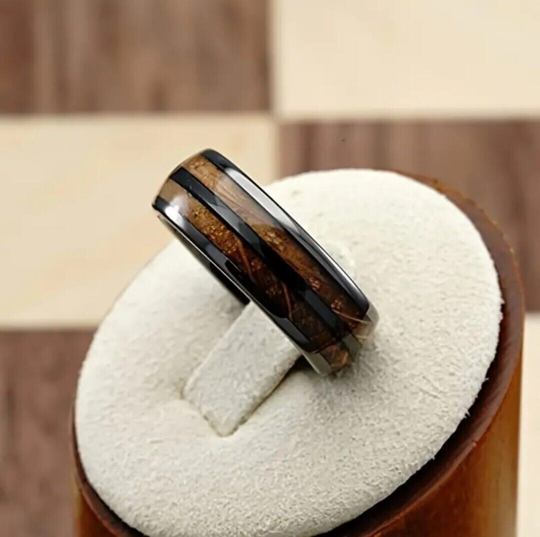 Elegant Whisky Barrel Wood Grain Black Inlay Ring Size – 12