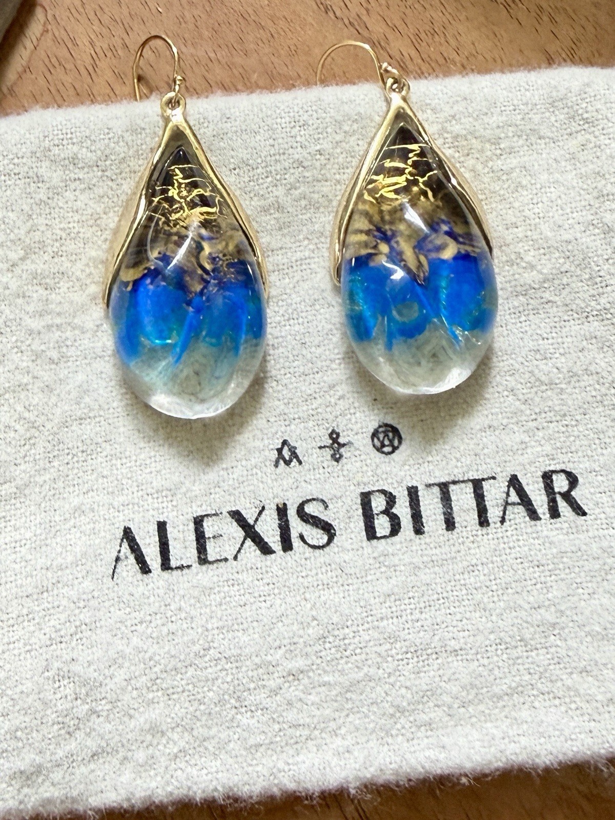 100% Authentic Alexis Bittar Clear, Gold, Black & Blue Lucite Earrings