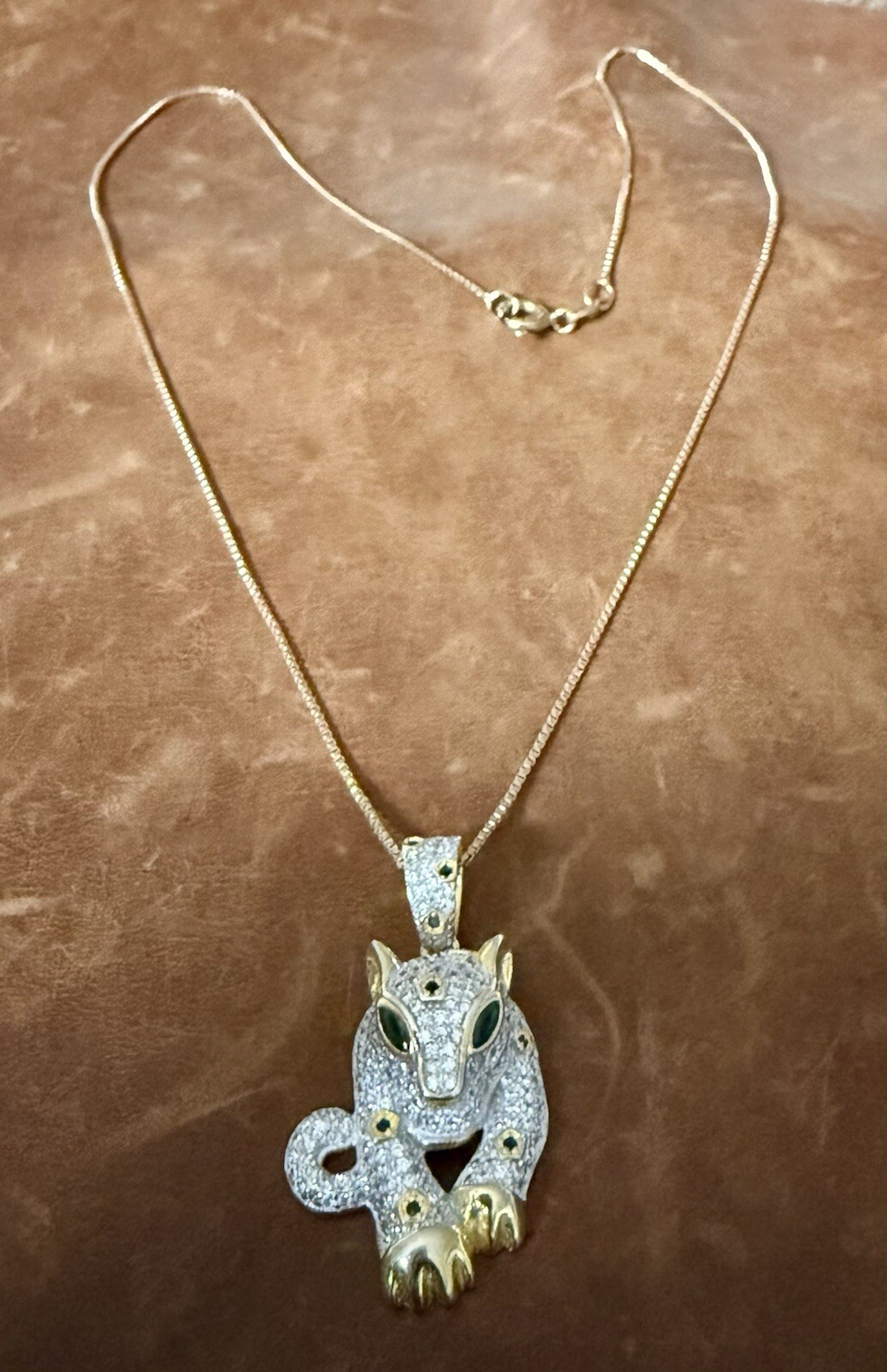 Cute Fuzion Creations Emerald Eyes Jaguar Pendant Gold Vermeil 925 Necklace 18″