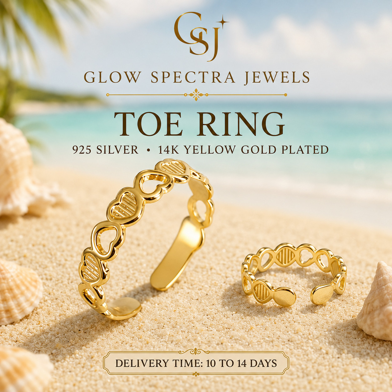 Women’s Heart Toe Ring Solid Metal 925 Sterling Silver 14k Yellow Gold Plated