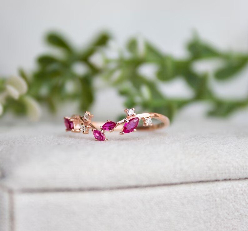 Gorgeous Wedding Band Ring Marquise Cut Simulated Pink Ruby 14K Rose Gold Plated