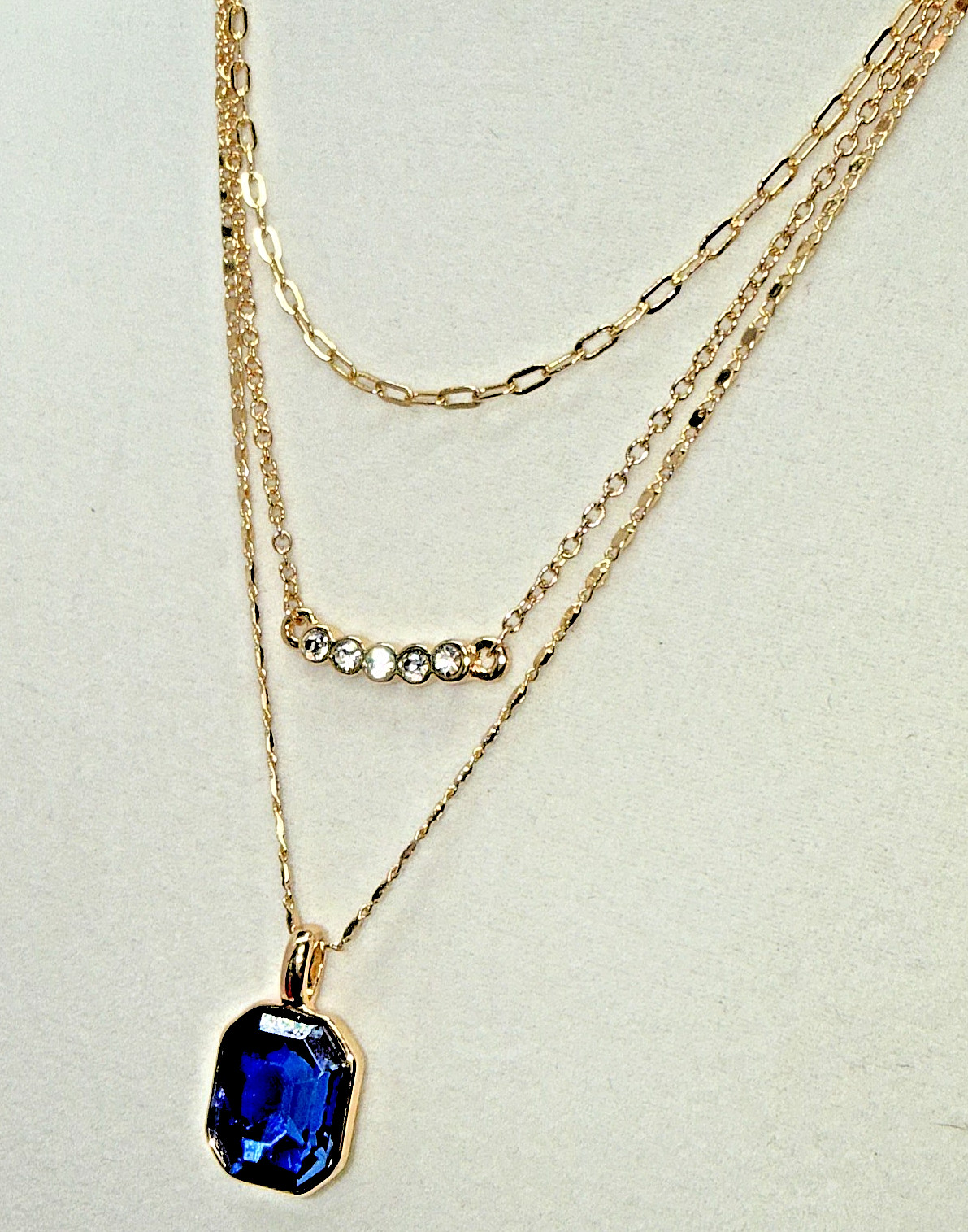 LC Lauren Conrad Gold Layered Paperclip Chain Necklace Set Blue Stone Pendant