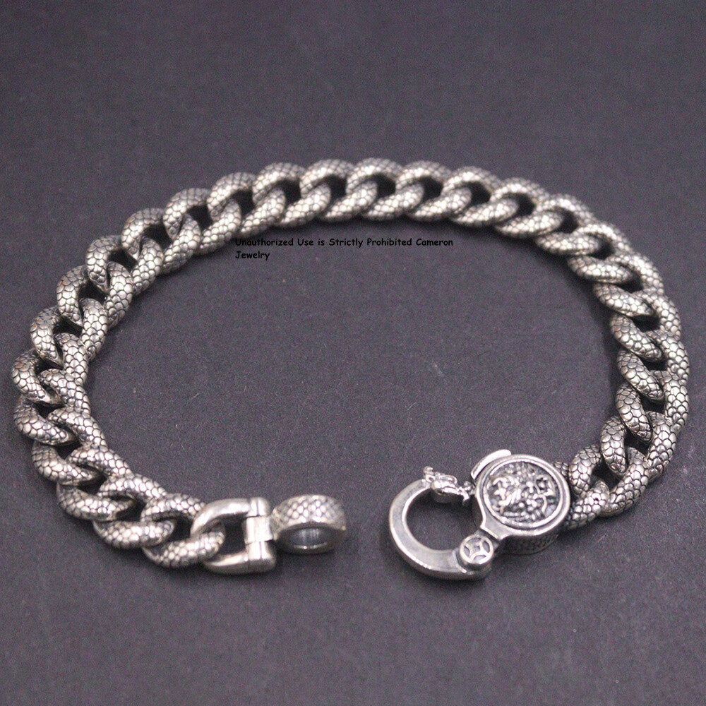 Pure S925 Sterling Silver Chain Men 9mm Dragon Curb Link Bracelet 34-35g 7.9inch