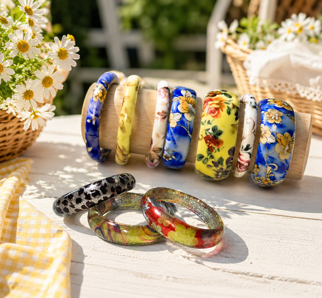 Wholesale Bangles Lot of 12 Resin Bangle Colorful Flower Print Stackable