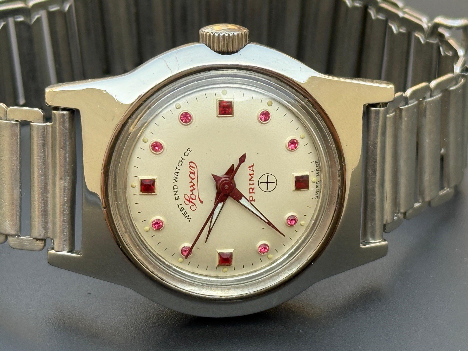 Vintage West End Watch Co Sowar Prima Ruby Dial Wind 30mm Bambo Strap S-85