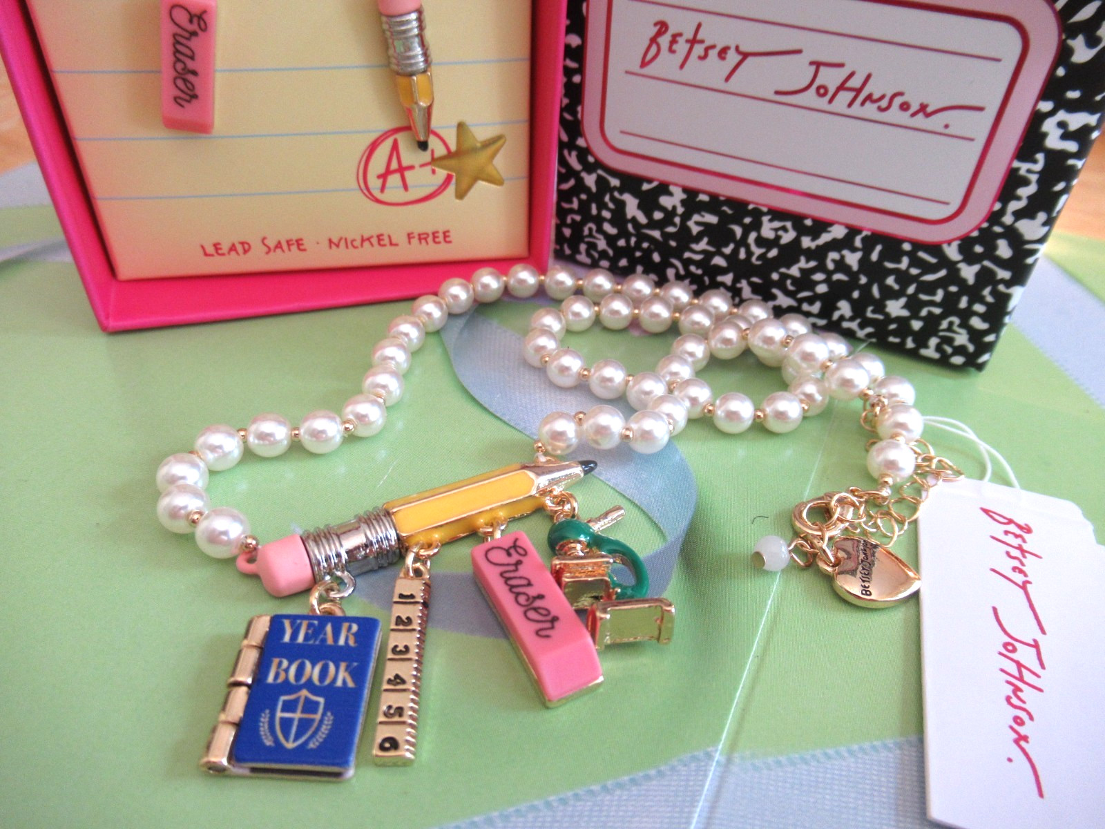 Betsey Johnson School Teacher Charm Pendant Necklace & Pencil Eraser Earrings