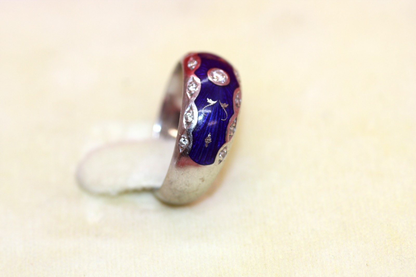 Faberge Diamond 0.17ct 18k White Gold Blue Enamel Ring US 7.5 Lmtd. 300pc W/Box