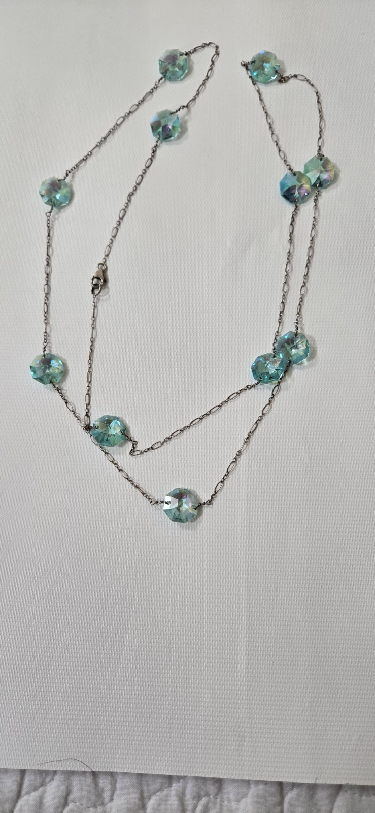 Vintage 925 Starling Silver Blue Crystal 41″ Long Station Necklace