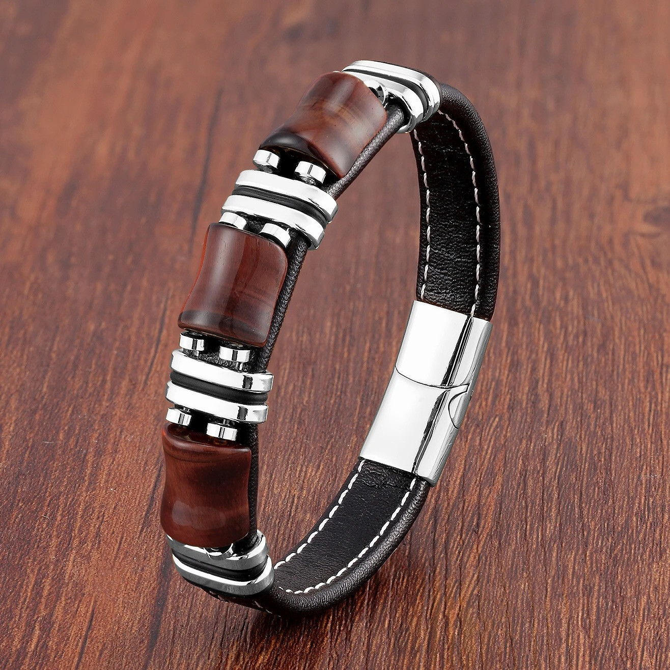 Pulsera De Acero Inoxidable Con Piedra Ojo De Tigre Para Hombre Cadena De Cuero